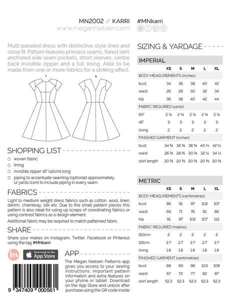 Megan Nielsen Karri Dress sewing pattern with multi-paneled design, princess seams, flared skirt, and color-blocking options