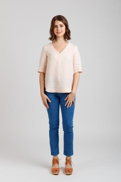 Megan Nielsen Dove Blouse showing elbow-length, flared, and bell sleeve options with V-neckline and curved hem