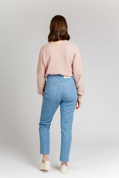 Megan Nielsen Dawn Jeans (4 in 1) showing high-waisted tapered, straight, wide-leg jeans, and jean shorts in rigid denim