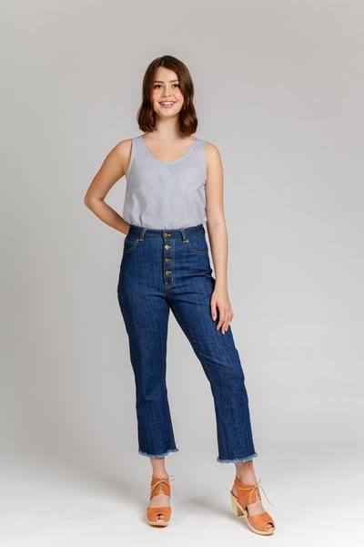Megan Nielsen Dawn Jeans (4 in 1) showing high-waisted tapered, straight, wide-leg jeans, and jean shorts in rigid denim