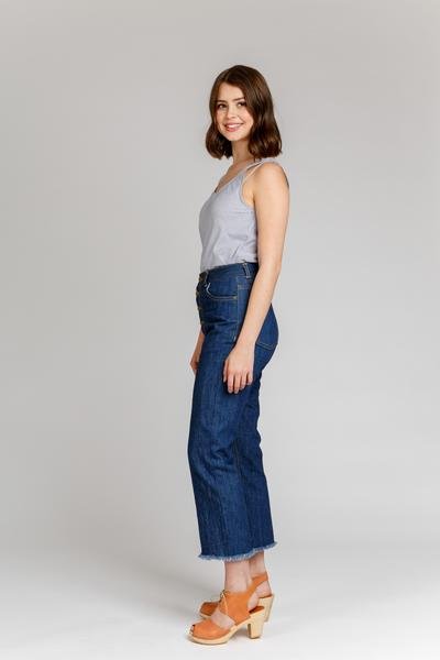 Megan Nielsen Dawn Jeans (4 in 1) showing high-waisted tapered, straight, wide-leg jeans, and jean shorts in rigid denim