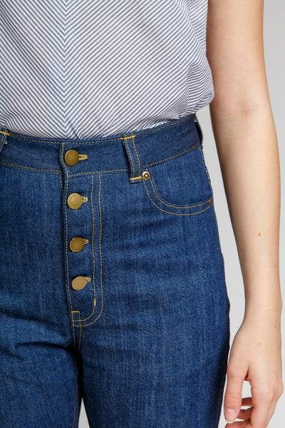 Megan Nielsen Dawn Jeans (4 in 1) showing high-waisted tapered, straight, wide-leg jeans, and jean shorts in rigid denim
