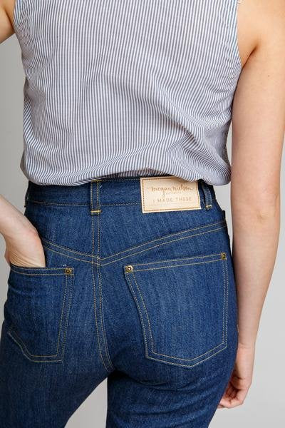 Megan Nielsen Dawn Jeans (4 in 1) showing high-waisted tapered, straight, wide-leg jeans, and jean shorts in rigid denim