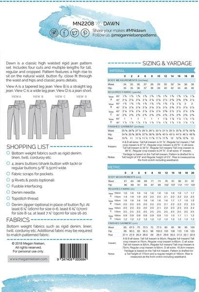 Megan Nielsen Dawn Jeans (4 in 1) showing high-waisted tapered, straight, wide-leg jeans, and jean shorts in rigid denim