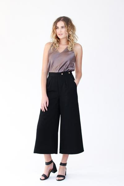 Megan Nielsen Flint Pants and Shorts showing wide-leg cropped pants and shorts with crossover side closure, darts, and slash pockets