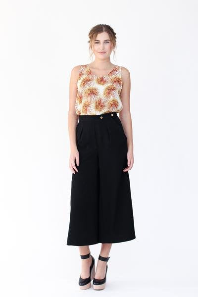 Megan Nielsen Flint Pants and Shorts showing wide-leg cropped pants and shorts with crossover side closure, darts, and slash pockets