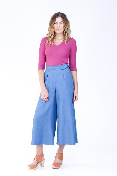 Megan Nielsen Flint Pants and Shorts showing wide-leg cropped pants and shorts with crossover side closure, darts, and slash pockets
