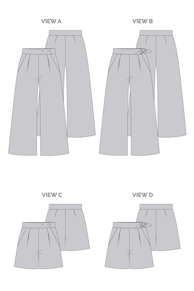 Megan Nielsen Flint Pants and Shorts showing wide-leg cropped pants and shorts with crossover side closure, darts, and slash pockets
