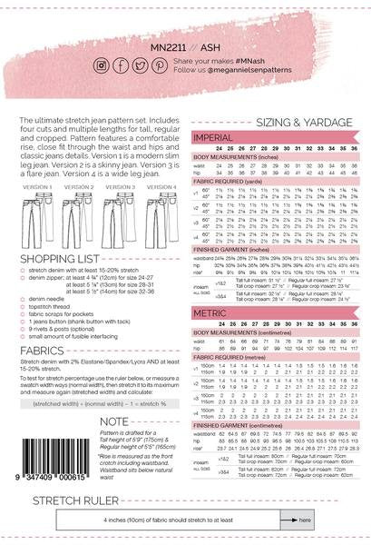 Megan Nielsen Ash Jeans (4 in 1) showing slim, skinny, flare, and wide-leg stretch denim jeans