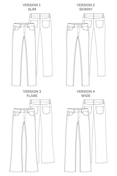 Megan Nielsen Ash Jeans (4 in 1) showing slim, skinny, flare, and wide-leg stretch denim jeans