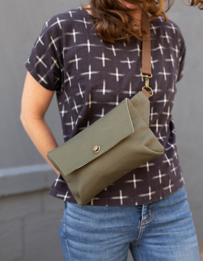 Noodlehead Haralson Bag pattern with secure zippered pockets and multiple closure options