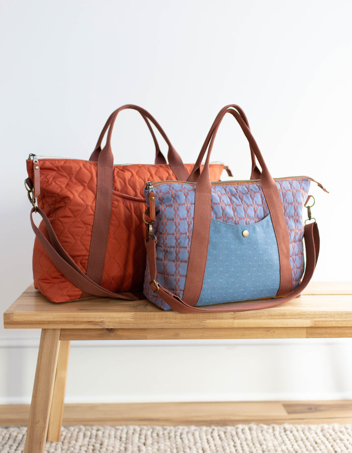 Noodlehead Oxbow Tote pattern featuring two sizes, a zipper top, front pocket, and customizable quilting options