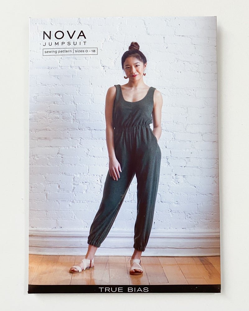 True Bias - Nova Jumpsuit sewing pattern with romper and full-length options, elastic or straight fit styles, and sizes 0–18