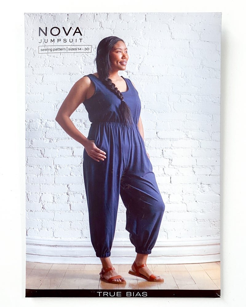 True Bias - Nova Jumpsuit sewing pattern with four views, pocket options, and romper or full-length styles in inclusive sizes 14–30