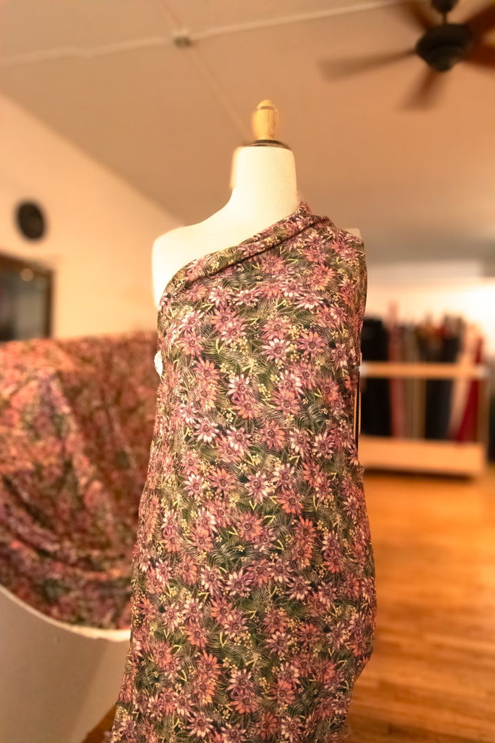 French Viscose Crepe - Passion Flower fabric with pink and purple floral print, lightweight flowing designer material