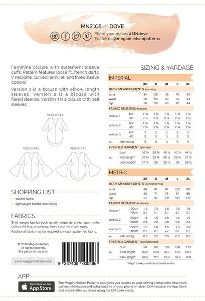 Megan Nielsen Dove Blouse showing elbow-length, flared, and bell sleeve options with V-neckline and curved hem