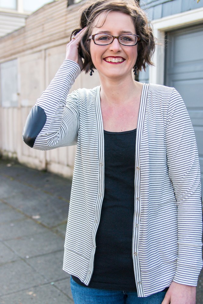 Straight Stitch Designs Phinney Ridge sewing pattern – mid-hip cardigan with sleeve options, elbow patches, and closure variations.