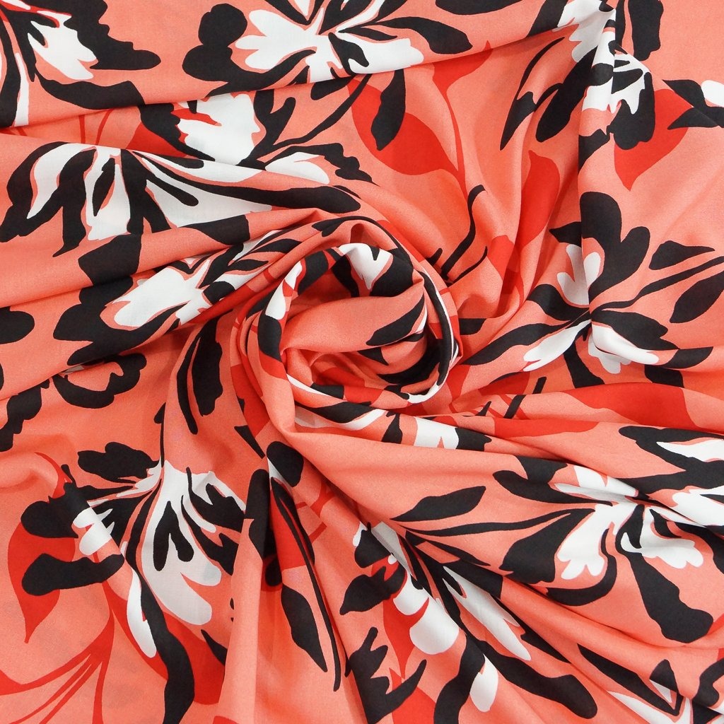 Rayon Poplin Coral Floral fabric, 100% rayon, 56 inches wide, vibrant papaya floral print for sewing tops, dresses, and skirts
