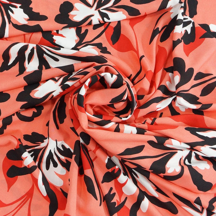 Rayon Poplin Coral Floral fabric, 100% rayon, 56 inches wide, vibrant papaya floral print for sewing tops, dresses, and skirts