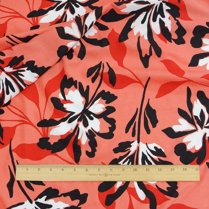 Rayon Poplin Coral Floral fabric, 100% rayon, 56 inches wide, vibrant papaya floral print for sewing tops, dresses, and skirts