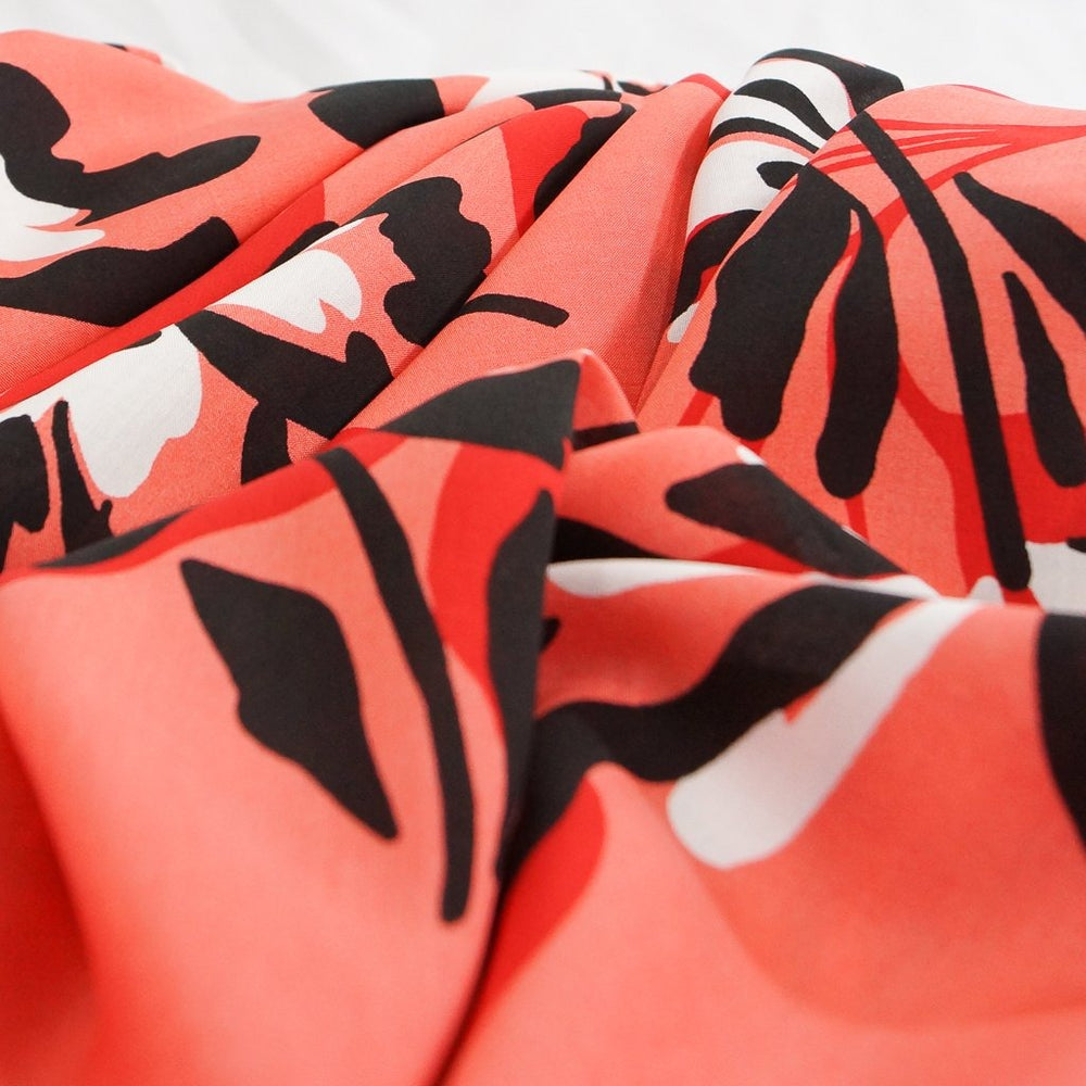 Rayon Poplin Coral Floral fabric, 100% rayon, 56 inches wide, vibrant papaya floral print for sewing tops, dresses, and skirts