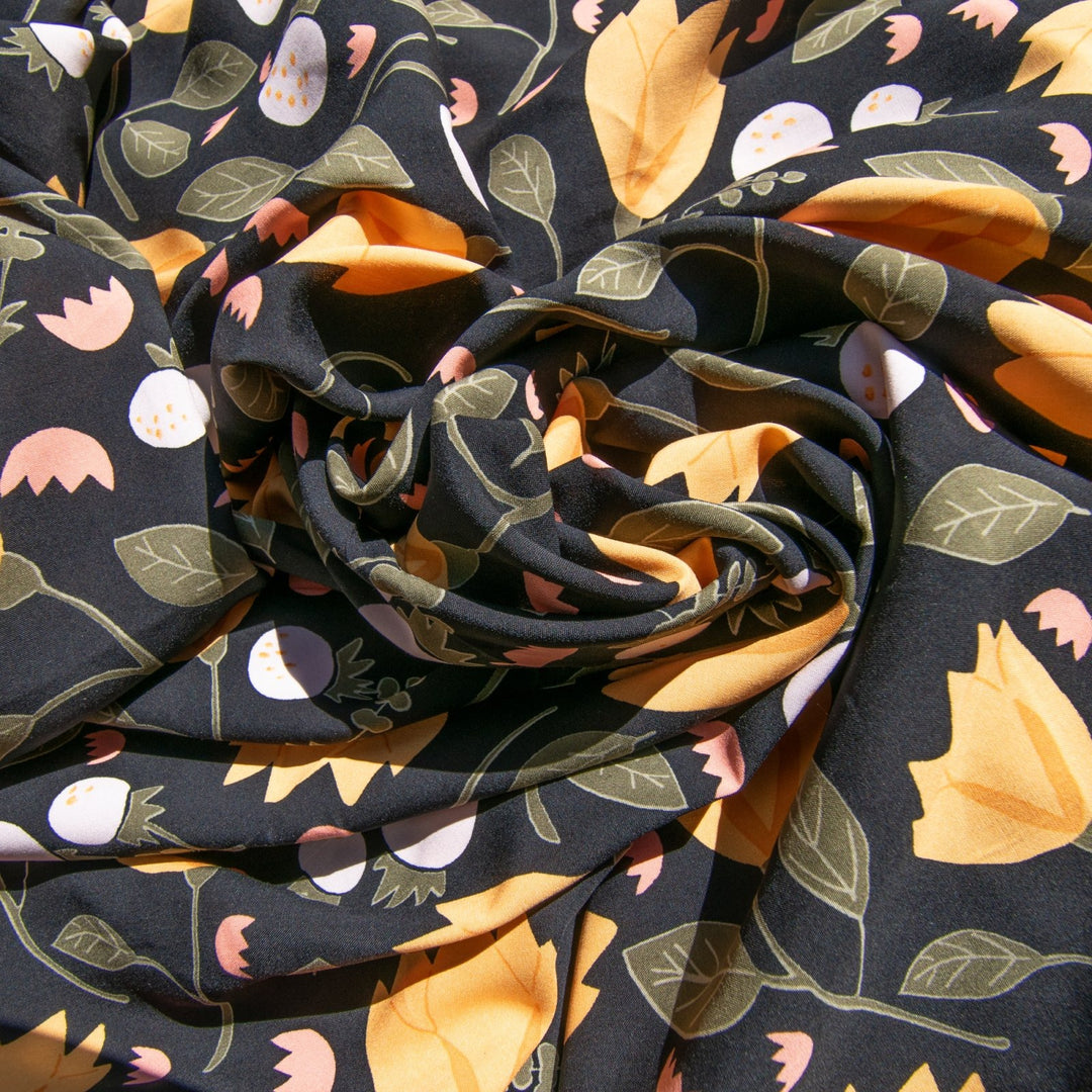 Rayon Poplin Yellow Flowers on Black Fabric, Soft Draping 100% Rayon, Perfect for Dresses, Blouses, and Sewing Projects