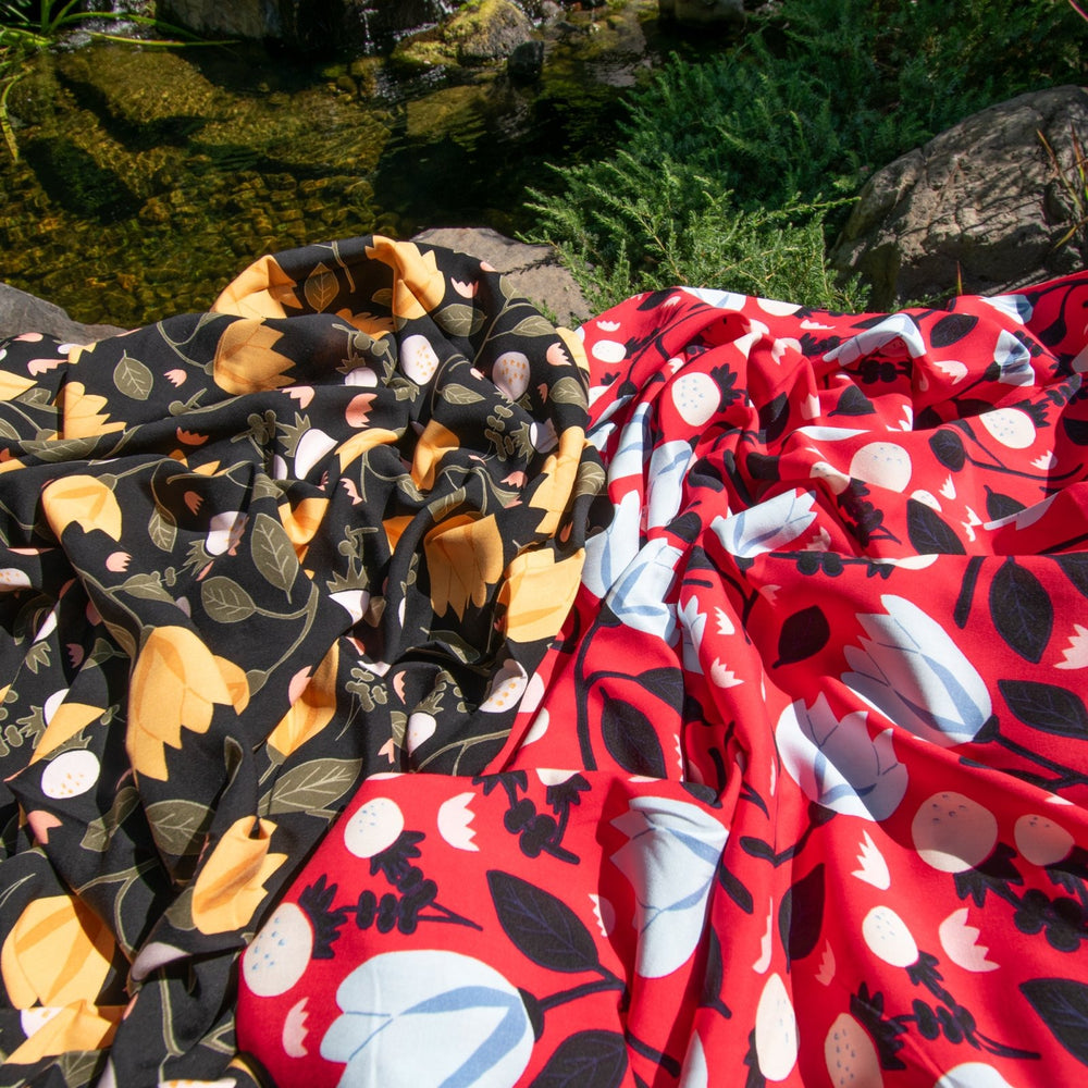 Rayon Poplin Yellow Flowers on Black Fabric, Soft Draping 100% Rayon, Perfect for Dresses, Blouses, and Sewing Projects