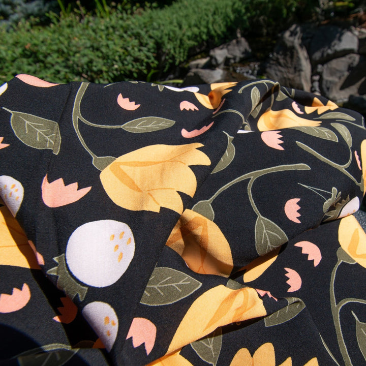 Rayon Poplin Yellow Flowers on Black Fabric, Soft Draping 100% Rayon, Perfect for Dresses, Blouses, and Sewing Projects