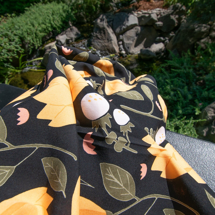 Rayon Poplin Yellow Flowers on Black Fabric, Soft Draping 100% Rayon, Perfect for Dresses, Blouses, and Sewing Projects