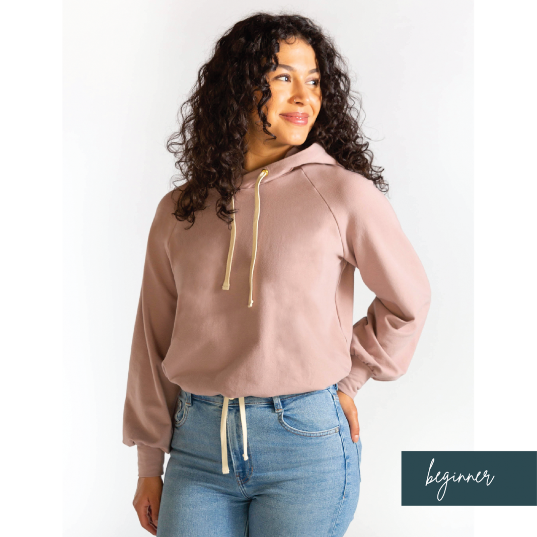 Chalk & Notch Page Hoodie sewing pattern cropped hooded sweatshirt with banded or drawstring hem and interchangeable sleeves