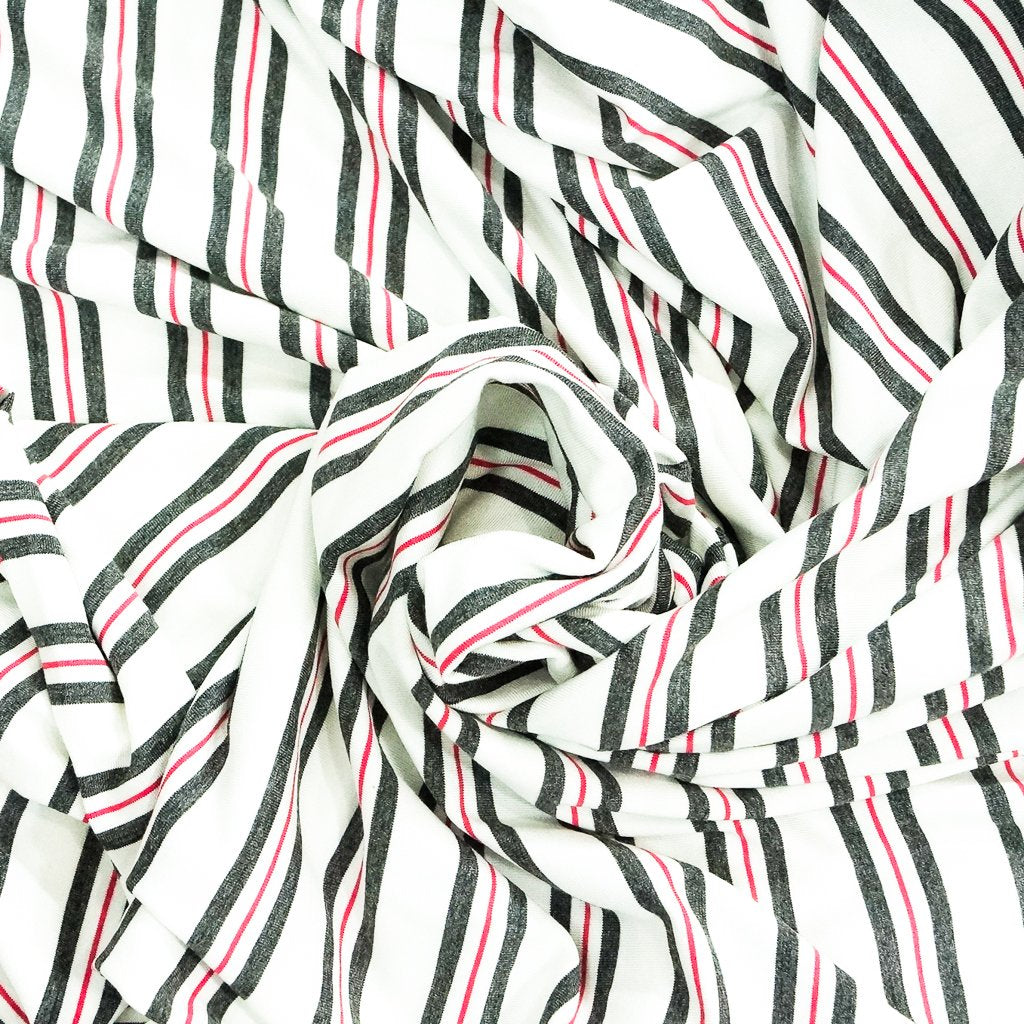 Grey and Coral Stripe Bamboo Knit Fabric - OEKO-TEX Certified 95% Bamboo 5% Spandex - Soft Sustainable Material for Tees & Loungewear