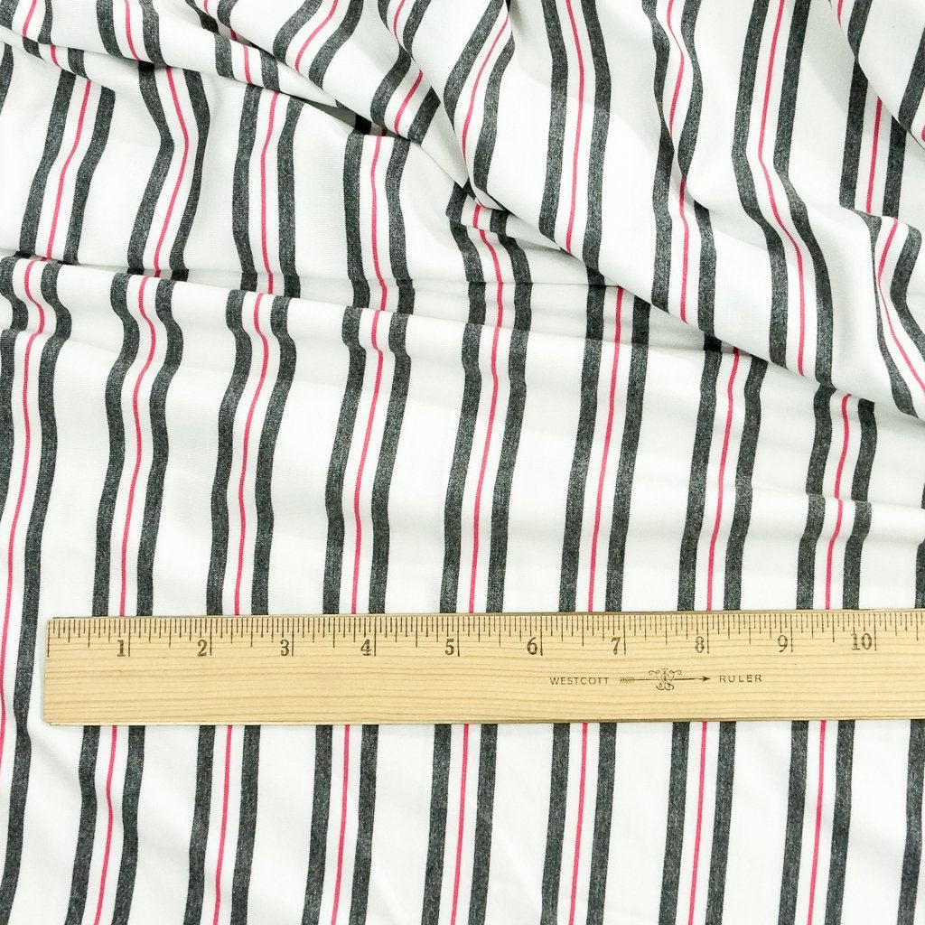 Grey and Coral Stripe Bamboo Knit Fabric - OEKO-TEX Certified 95% Bamboo 5% Spandex - Soft Sustainable Material for Tees & Loungewear