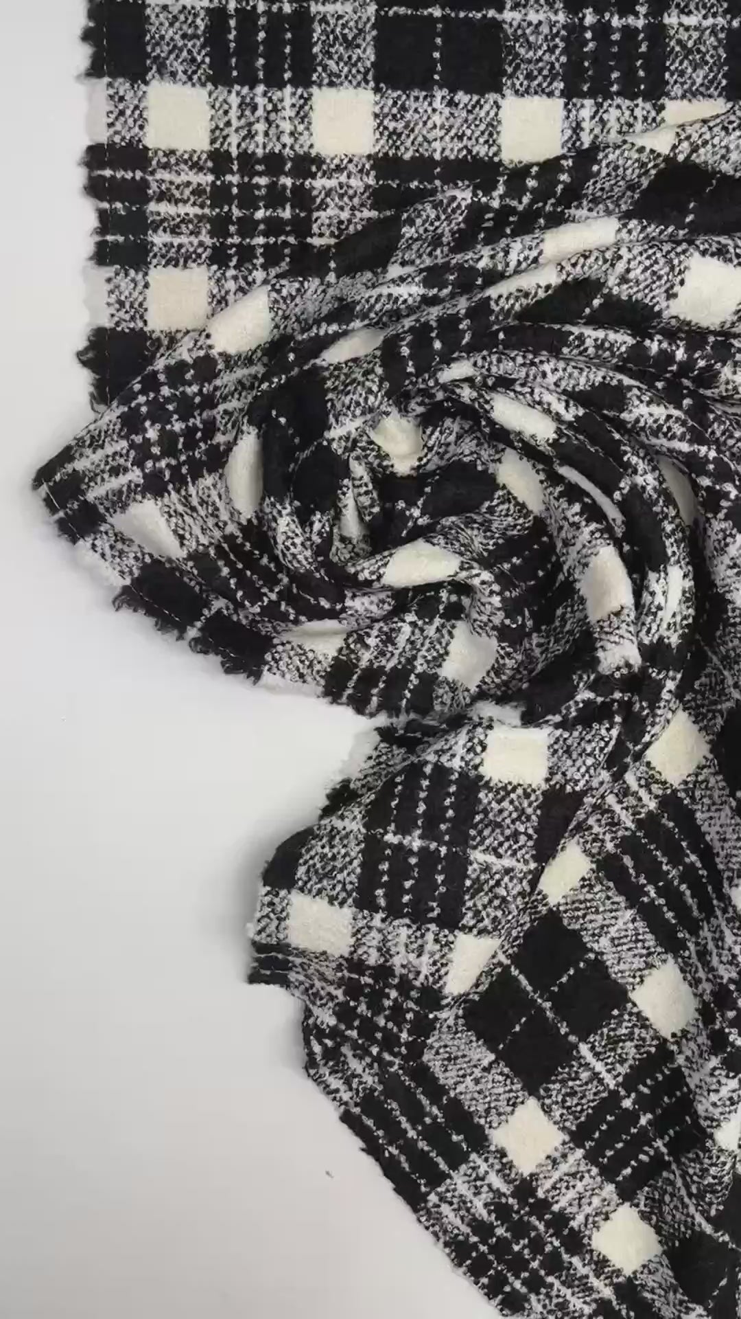 Black and white plaid tweed bouclé wool blend fabric, Italian twill weave, 55-inch wide, ideal for coats, jackets, skirts, and tailored suits