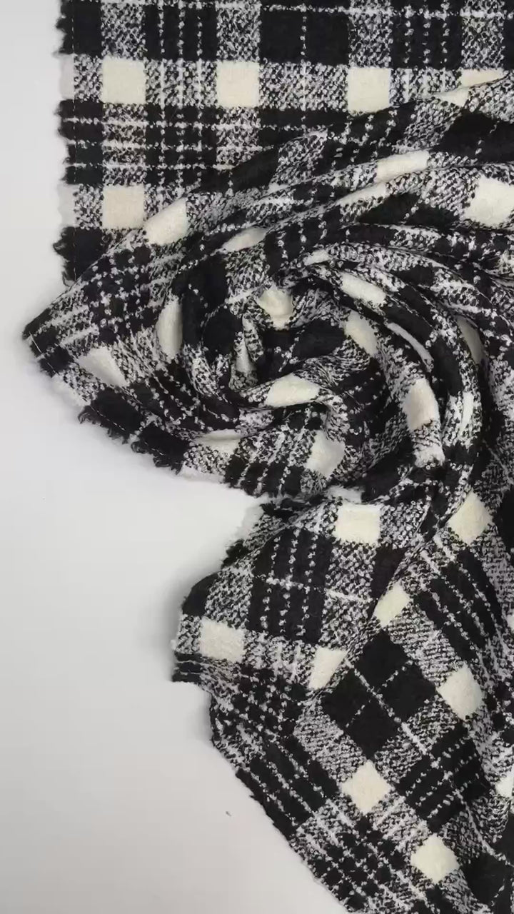 Black and white plaid tweed bouclé wool blend fabric, Italian twill weave, 55-inch wide, ideal for coats, jackets, skirts, and tailored suits