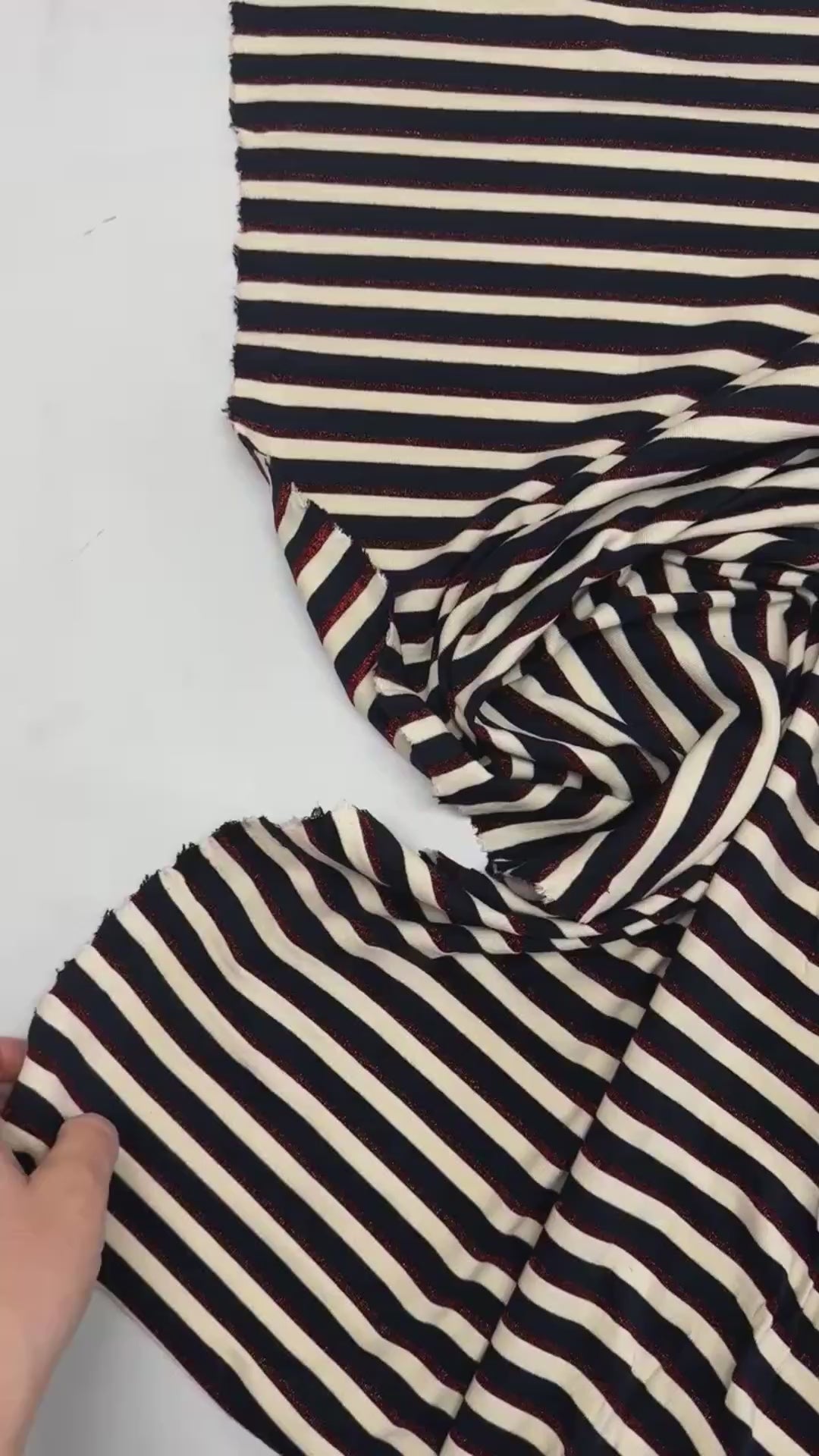 French striped knit fabric in navy, cream, and red lurex – midweight cotton blend, 54 inches wide