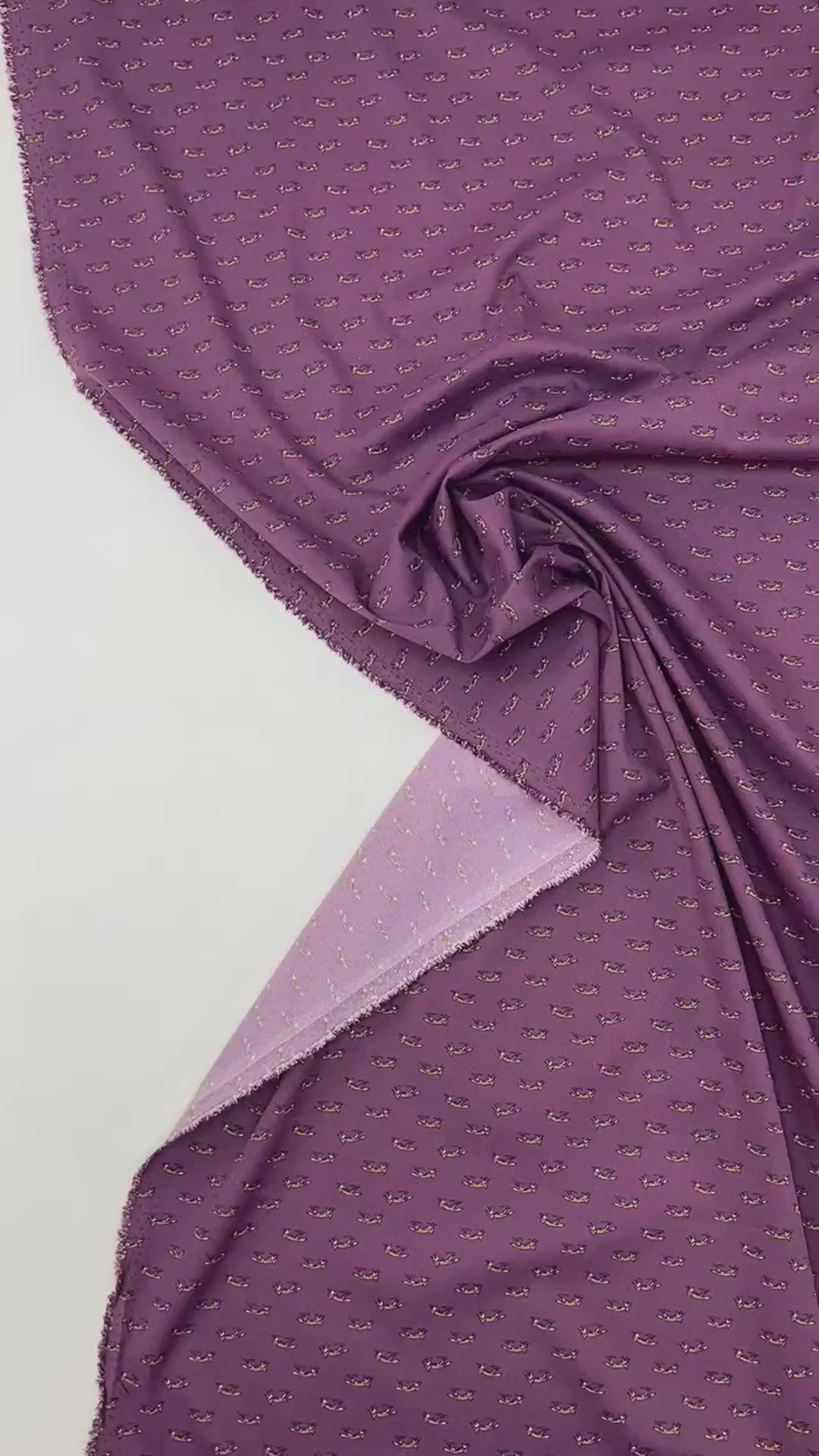 Dressweight Woven fabric in eggplant purple with tiny fox motifs. Made from 95% Polyamide and 5% Elastane. Ideal for dresses, skirts, and blouses.