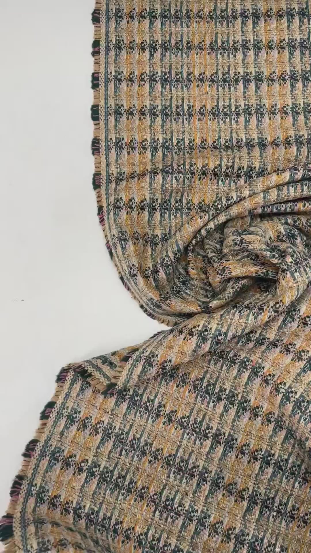 Italian tweed fabric with abstract plaid in beige, blue, and yellow tones, cotton wool blend, perfect for structured coats, suiting, and dresses.