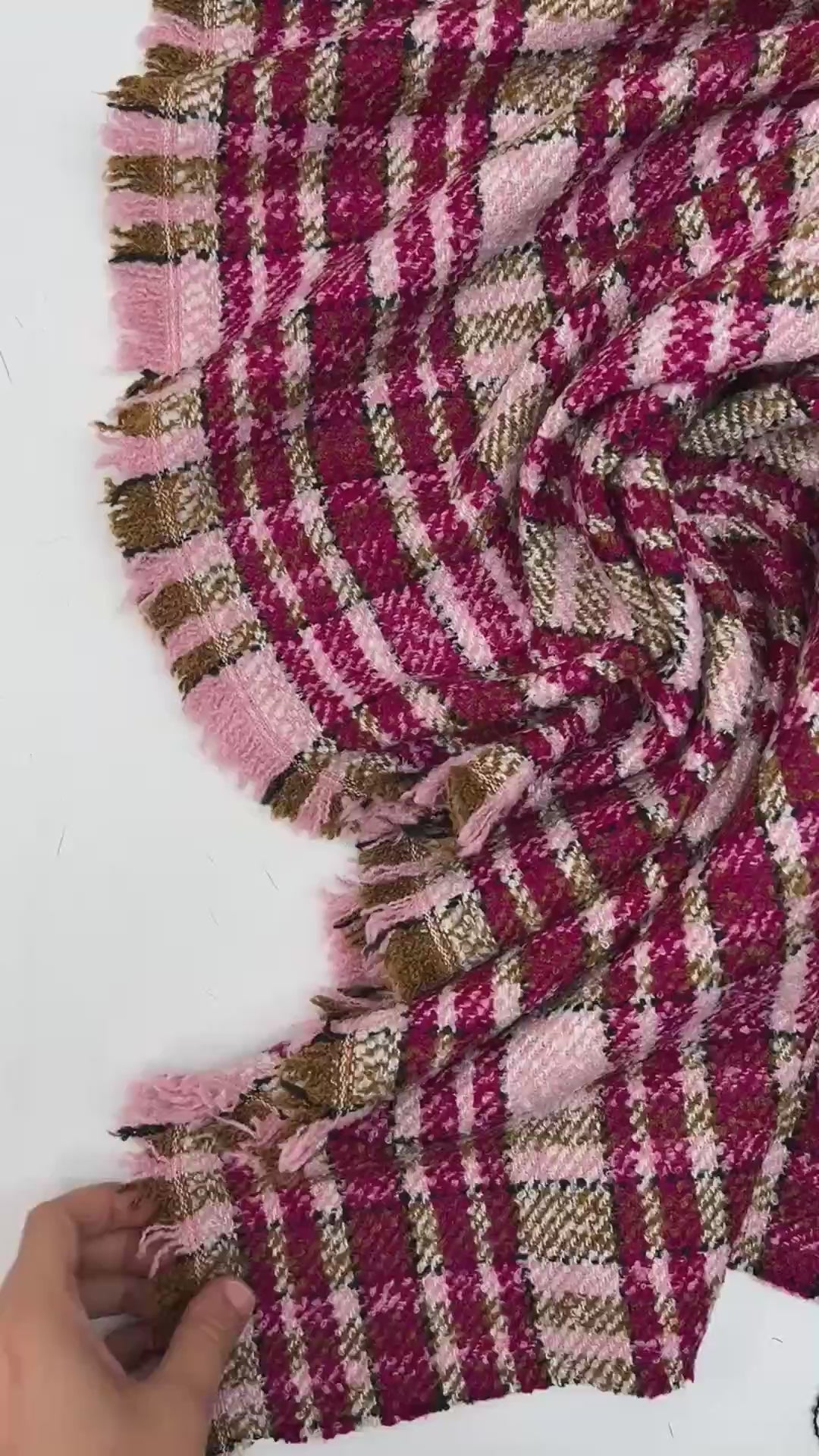 Italian bouclé suiting fabric in beige and pink plaid, medium-heavy acrylic polyamide blend, ideal for structured coats, skirts, and tailored suits.