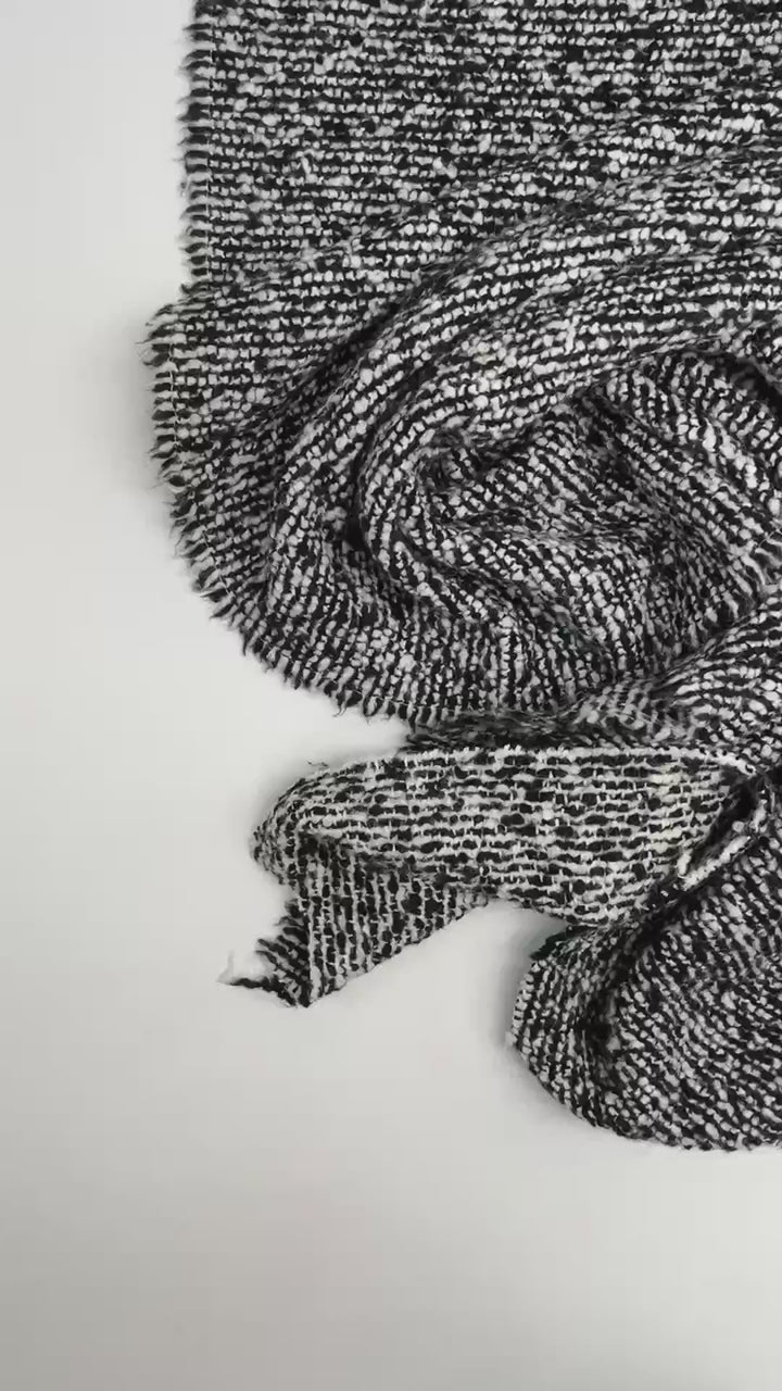 Black and white tweed bouclé wool blend fabric with small texture, Italian heavyweight 56-inch wide, ideal for coats, skirts, and structured suits