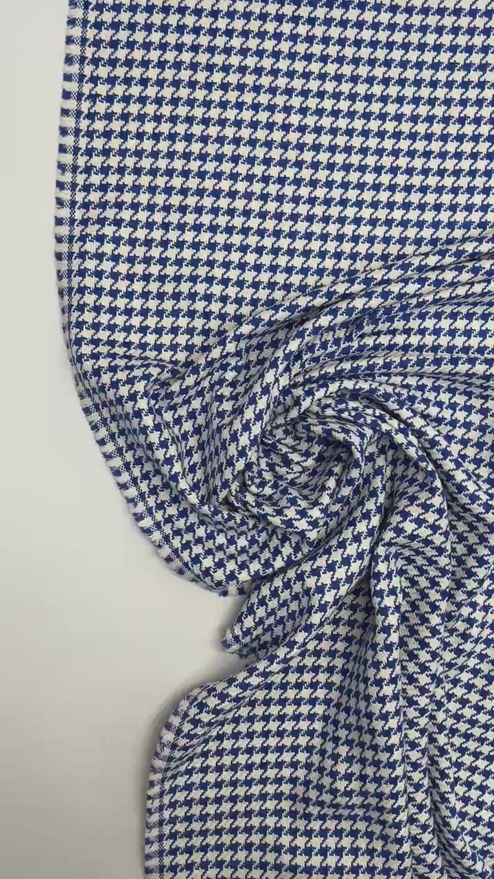White and blue houndstooth tweed cotton blend fabric, Italian medium weight 61-inch wide, ideal for structured coats, dresses, skirts, and suits