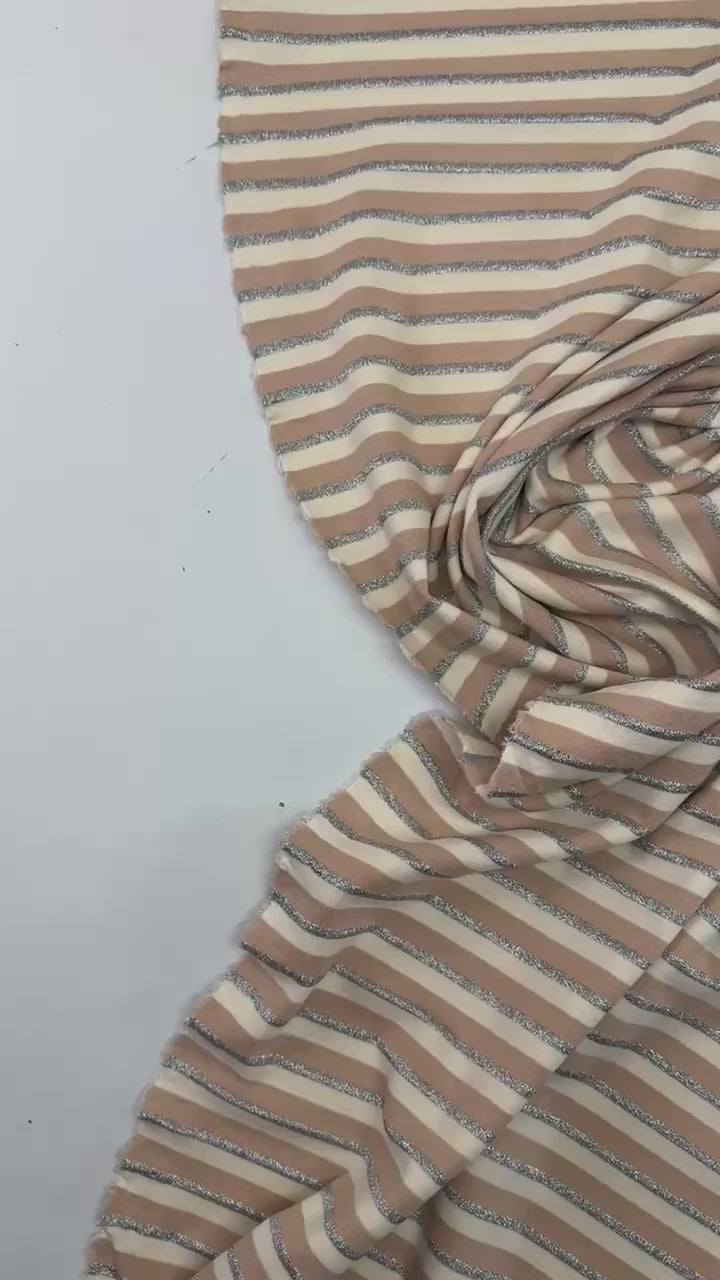 Mid-weight knit fabric with beige, brown, and silver metallic stripes, French origin, 52-inch width