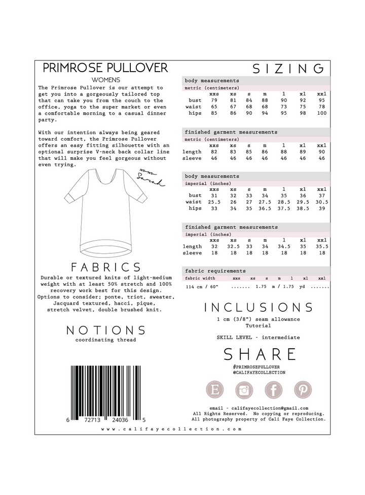 Cali Faye Collection Primrose Pullover Pattern – relaxed fit sewing pattern with optional V-neck back design