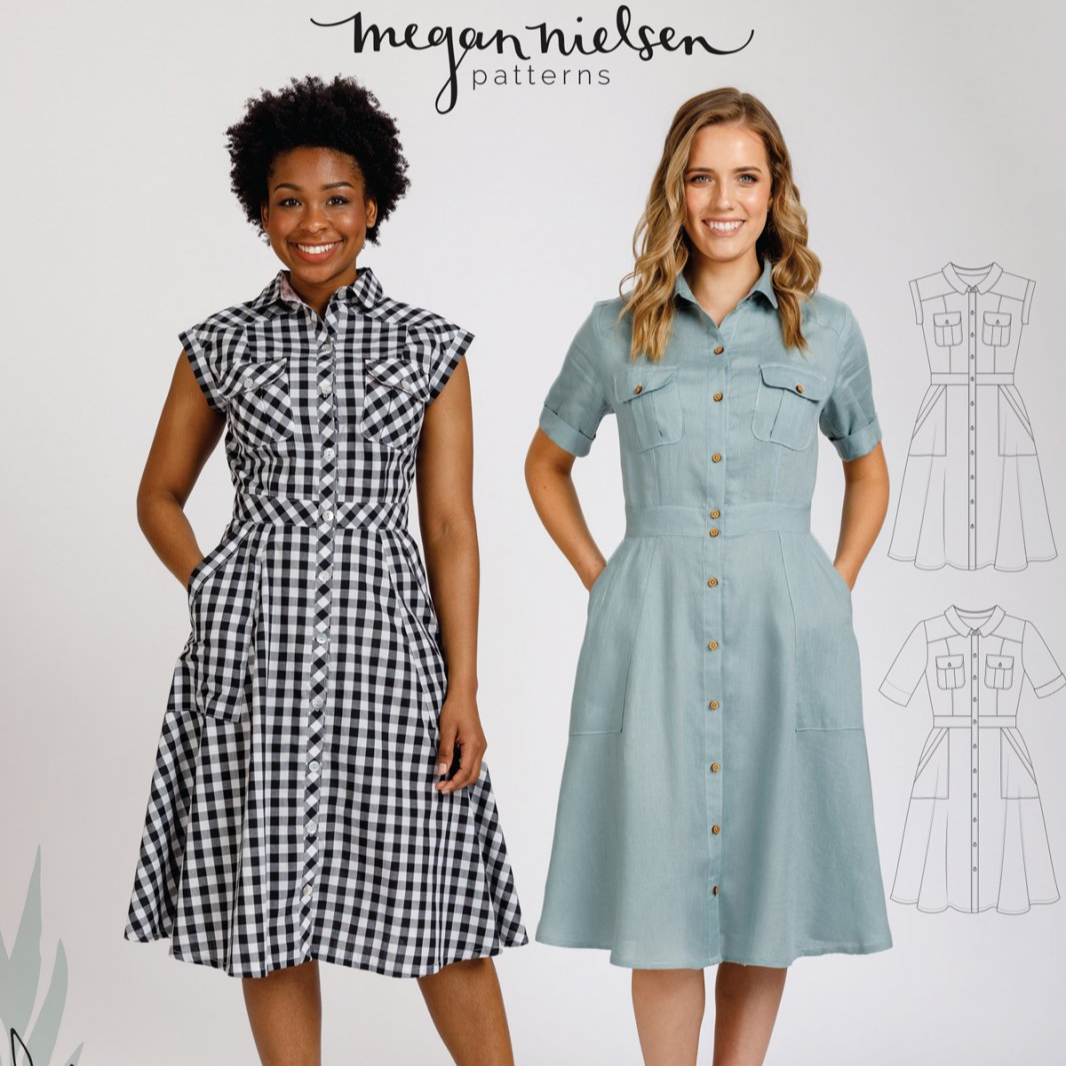 Megan Nielsen Matilda sewing pattern utility-style shirt dress with pleated pockets and A-line skirt
