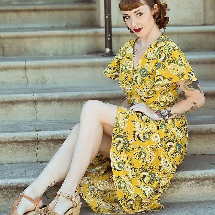Sew to Grow Charlianne Wrap Dress sewing pattern, flutter sleeves, maxi tulip hem, tailored darts, elegant handmade dress