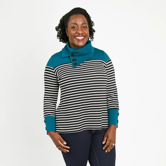 Cashmerette Tobin Sweater sewing pattern featuring split neck, cowl neck, and classic sweatshirt options with curve-friendly fit