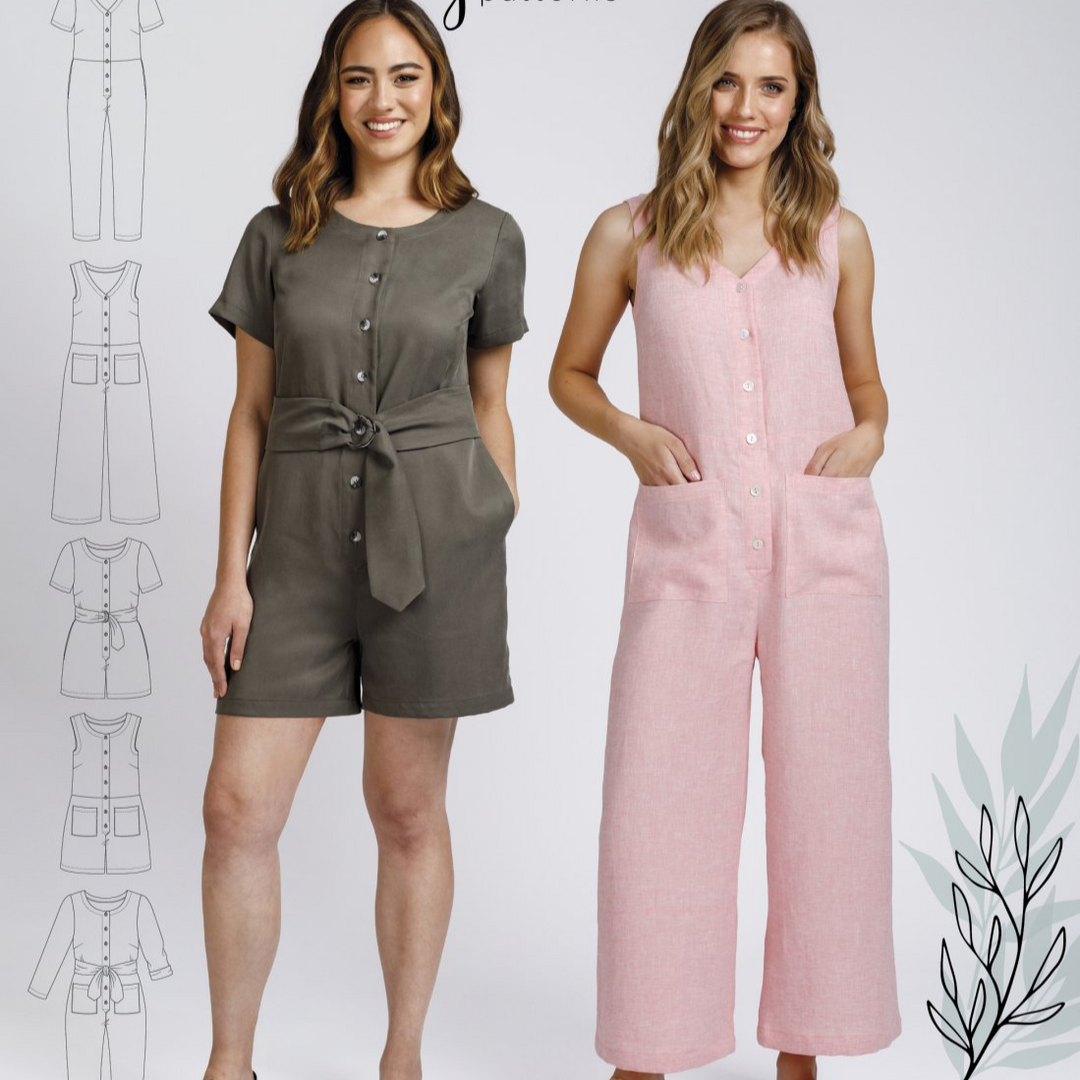 Megan Nielsen Durban sewing pattern mix-and-match jumpsuit and romper set with multiple neckline and leg options