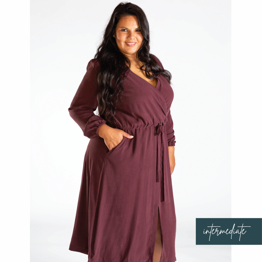 Chalk & Notch Orchid Midi Dress sewing pattern featuring wrap bodice, flowing midi skirt, and sleeve options with ruffle or long gathered sleeves.