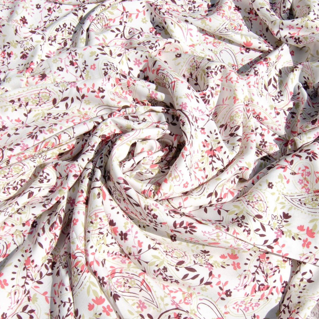 Rayon Challis Cream Paisley Floral Fabric 56-inch width with lime, eggplant, coral, and pink design