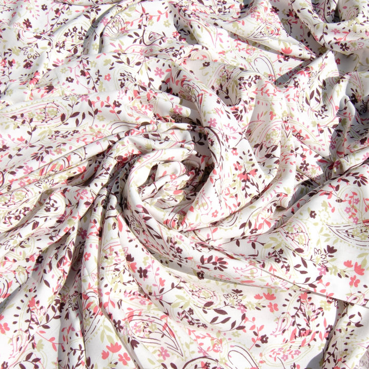 Rayon Challis Cream Paisley Floral Fabric 56-inch width with lime, eggplant, coral, and pink design