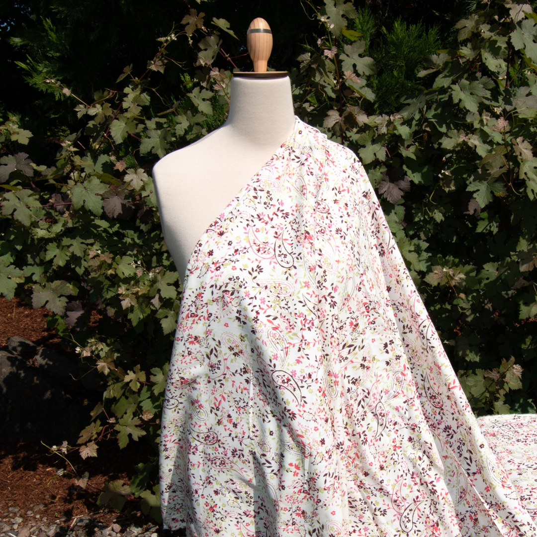 Rayon Challis Cream Paisley Floral Fabric 56-inch width with lime, eggplant, coral, and pink design